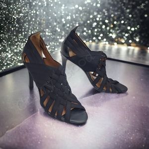 Derek Lam 10 Crosby Janet Black Open Toe 4in High Heels Leather Stiletto 7.5 M